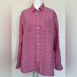 Talbots 100% Linen Pink Gingham Checkered Plaid Button Down Roll Tab Petite XL